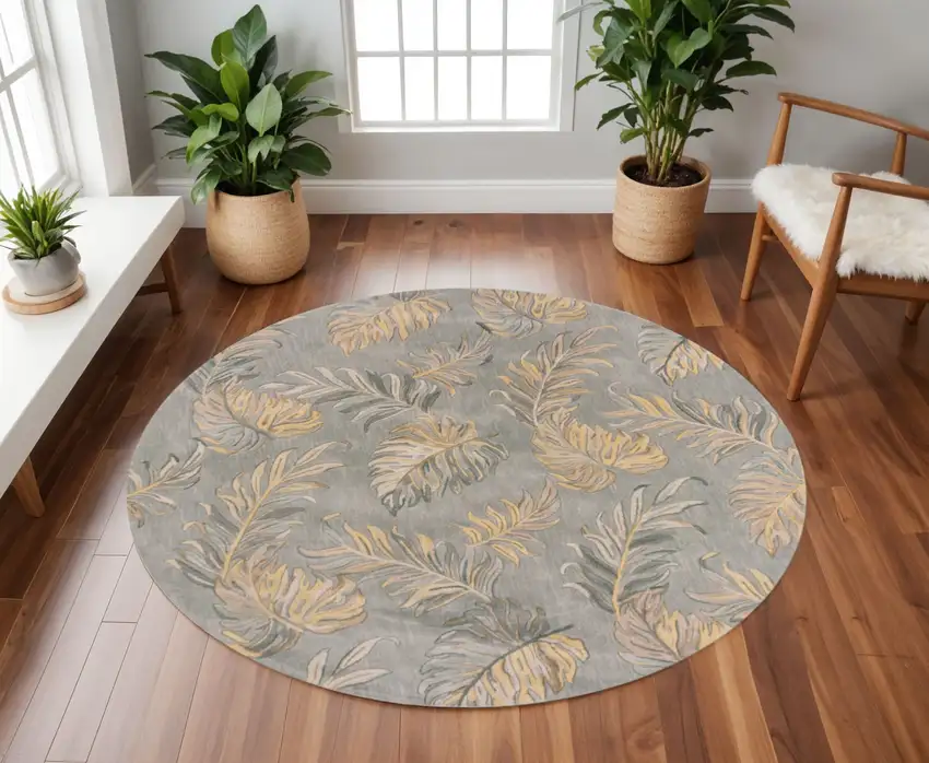 8' Gray And Taupe Wool Botanical Leaves Hand Tufted Round Rug Photo 1