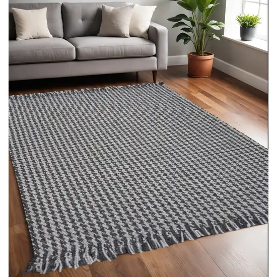 Gray And Light Gray Wool Houndstooth Hand Woven Area Rug With Fringe Photo 1