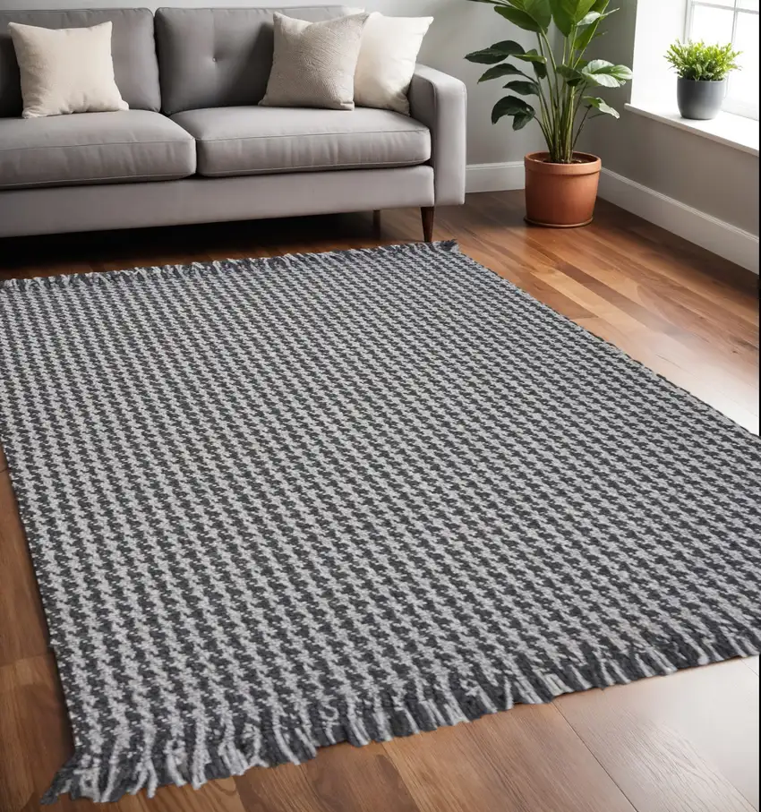 Gray And Light Gray Wool Houndstooth Hand Woven Area Rug With Fringe Photo 1