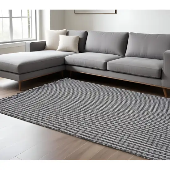 Gray And Light Gray Wool Houndstooth Hand Woven Area Rug With Fringe Photo 1