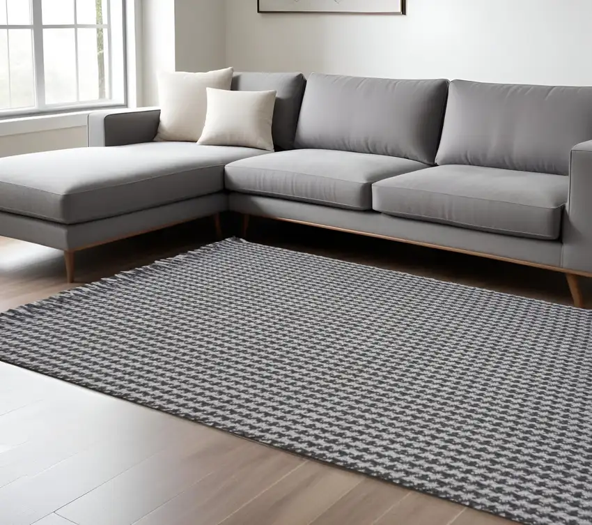 Gray And Light Gray Wool Houndstooth Hand Woven Area Rug With Fringe Photo 1