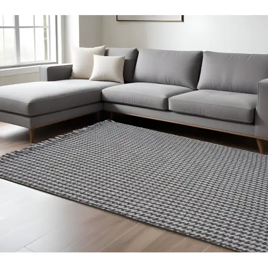 Gray And Light Gray Wool Houndstooth Hand Woven Area Rug With Fringe Photo 1