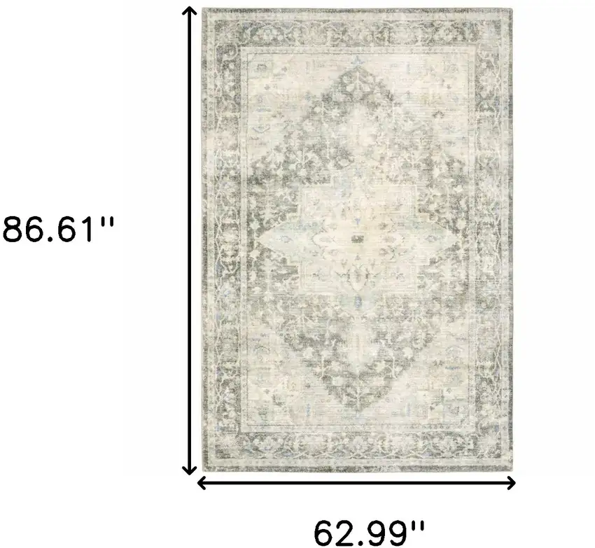 Grey Ivory And Blue Oriental Power Loom Stain Resistant Area Rug Photo 9
