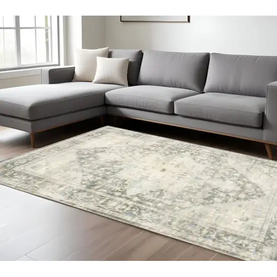 Grey Ivory And Blue Oriental Power Loom Stain Resistant Area Rug Photo 1