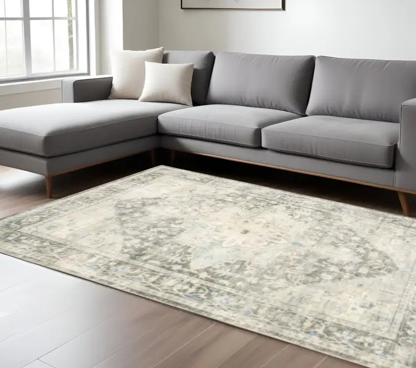 Grey Ivory And Blue Oriental Power Loom Stain Resistant Area Rug Photo 1
