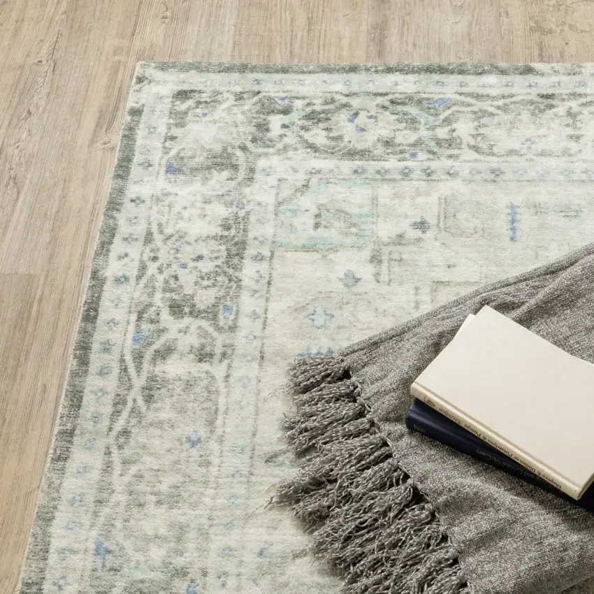 Grey Ivory And Blue Oriental Power Loom Stain Resistant Runner Rug Photo 4