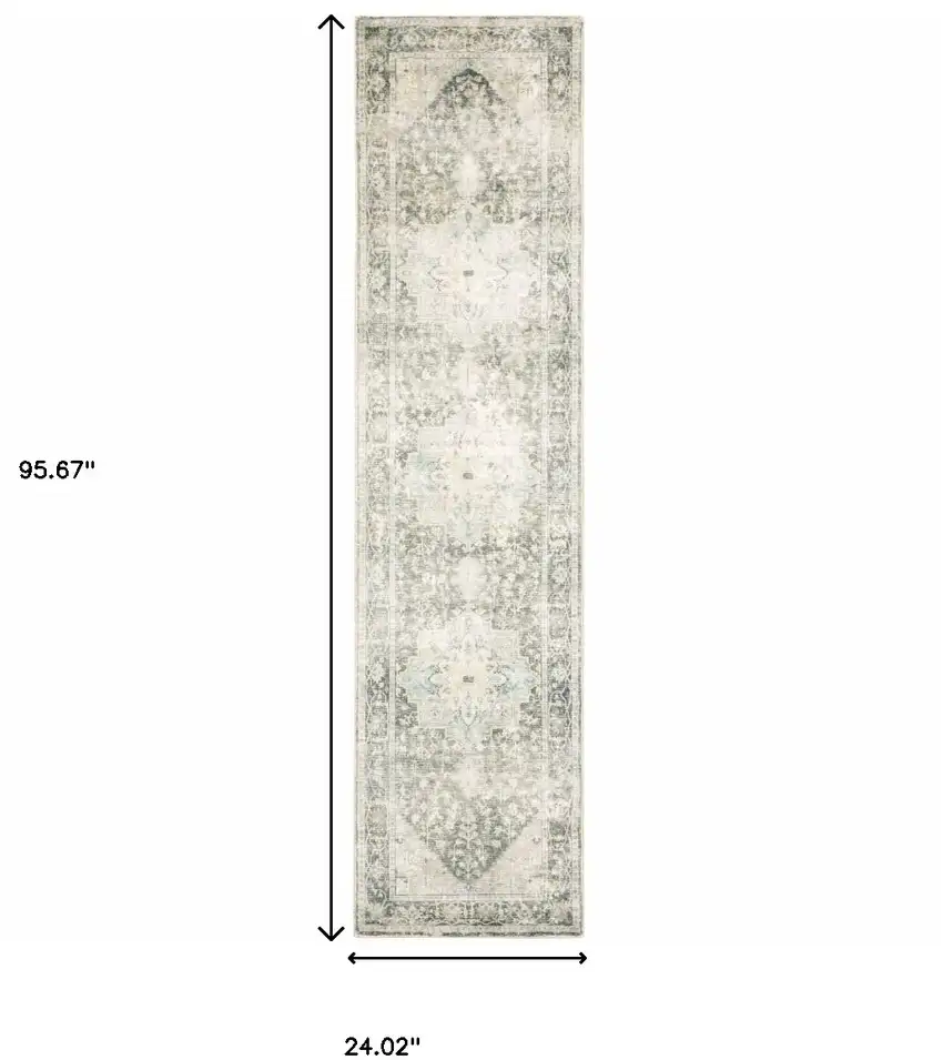 Grey Ivory And Blue Oriental Power Loom Stain Resistant Runner Rug Photo 8