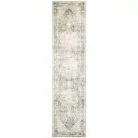 Photo of Grey Ivory And Blue Oriental Power Loom Stain Resistant Runner Rug