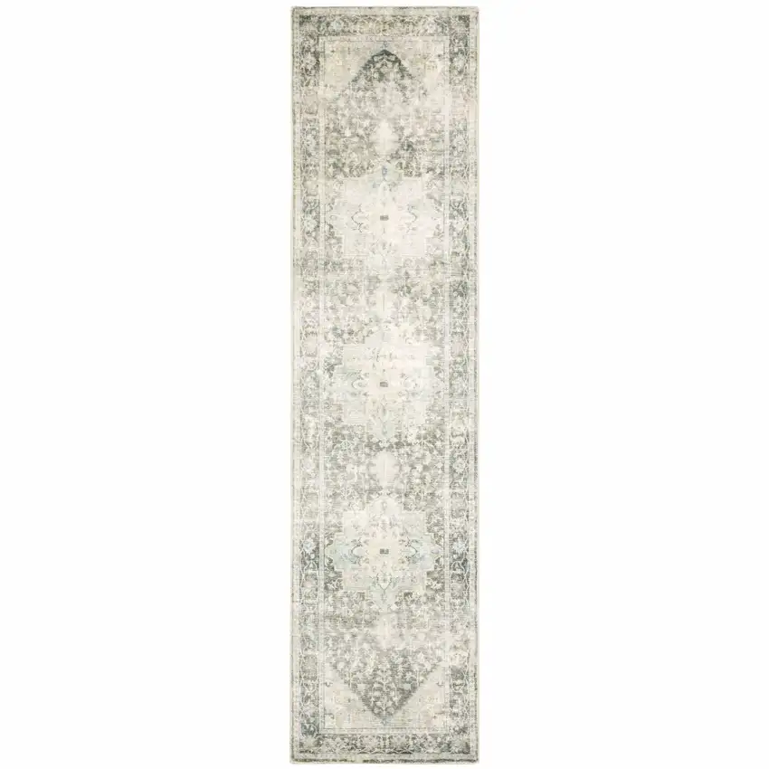 Grey Ivory And Blue Oriental Power Loom Stain Resistant Runner Rug Photo 1