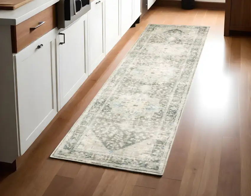 8' Gray and Ivory Oriental Power Loom Runner Rug Photo 1