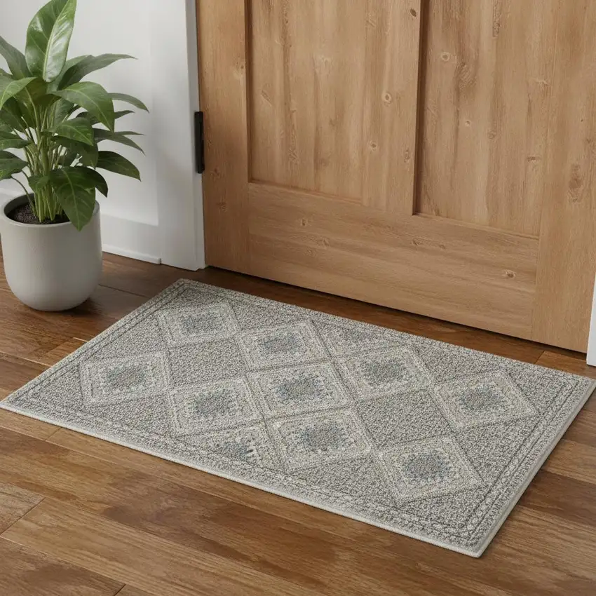 Grey Ivory And Blue Southwestern Power Loom Non Skid Area Rug Photo 1