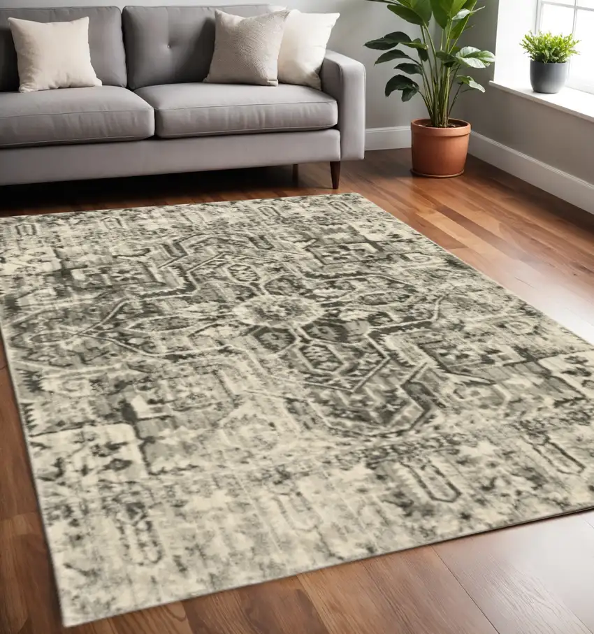 Grey Ivory And Brown Oriental Power Loom Stain Resistant Area Rug Photo 1