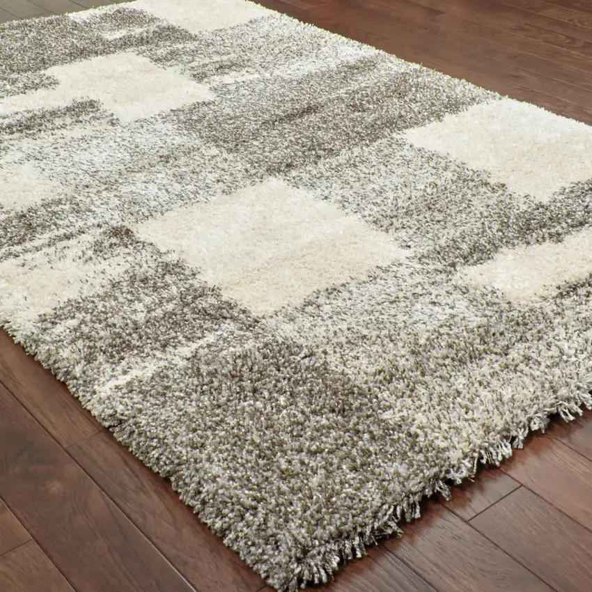 Grey Ivory And Silver Geometric Shag Power Loom Stain Resistant Area Rug Photo 4