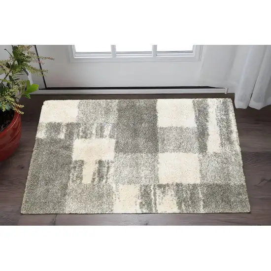 Grey Ivory And Silver Geometric Shag Power Loom Stain Resistant Area Rug Photo 1