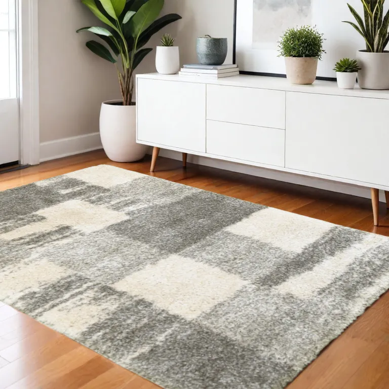 Grey Ivory And Silver Geometric Shag Power Loom Stain Resistant Area Rug Photo 5