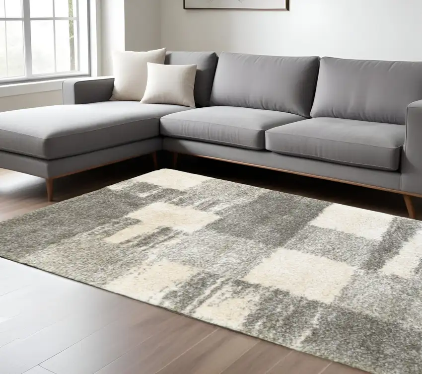 Grey Ivory And Silver Geometric Shag Power Loom Stain Resistant Area Rug Photo 1