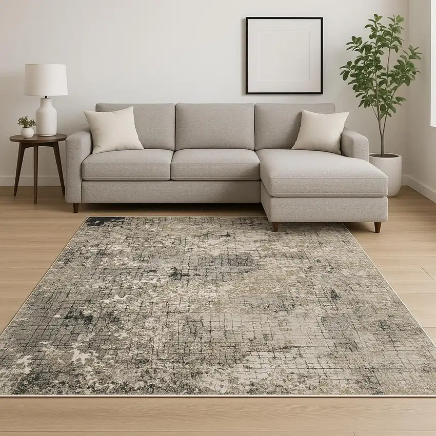 Grey Ivory Beige Charcoal Black Tan And Brown Abstract Power Loom Stain Resistant Area Rug Photo 1