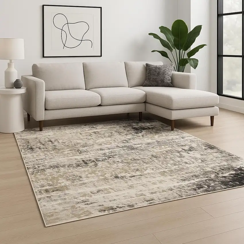 Grey Ivory Beige Charcoal Black Tan And Brown Abstract Power Loom Stain Resistant Area Rug Photo 1