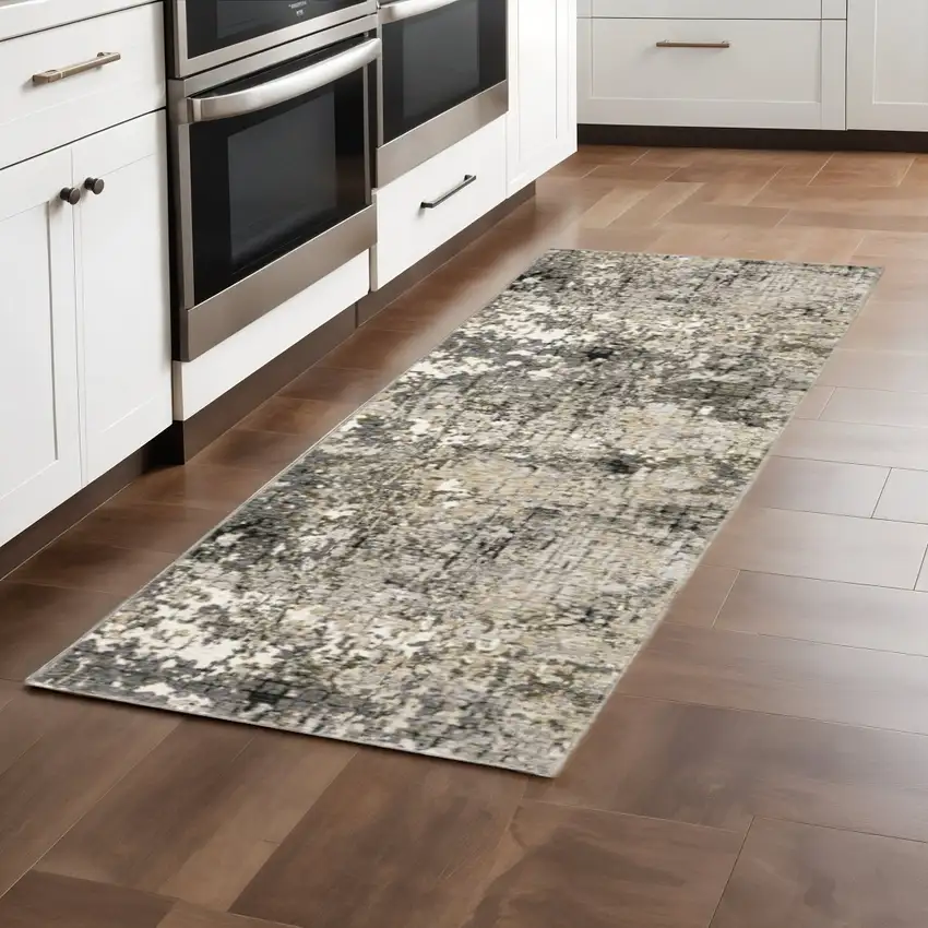 2' X 8' Grey Ivory Beige Charcoal Black Tan And Brown Abstract Power Loom Stain Resistant Runner Rug Photo 1