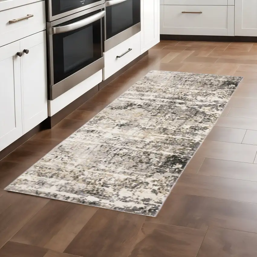 2' X 8' Grey Ivory Beige Charcoal Black Tan And Brown Abstract Power Loom Stain Resistant Runner Rug Photo 1
