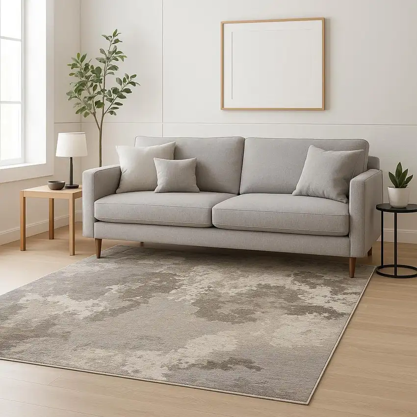 Grey Ivory Beige Tan Brown And Black Abstract Power Loom Stain Resistant Area Rug Photo 1