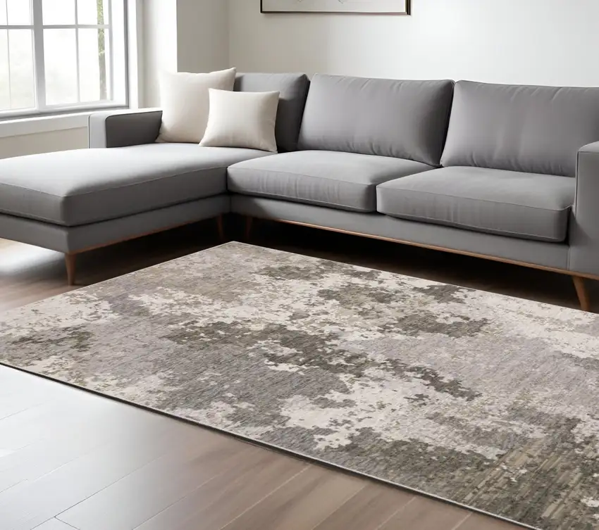 Gray and Ivory Abstract Power Loom Area Rug Photo 1