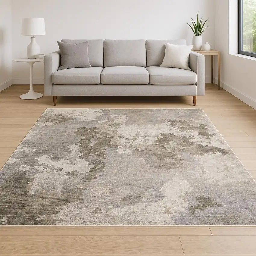 Grey Ivory Beige Tan Brown And Black Abstract Power Loom Stain Resistant Area Rug Photo 1