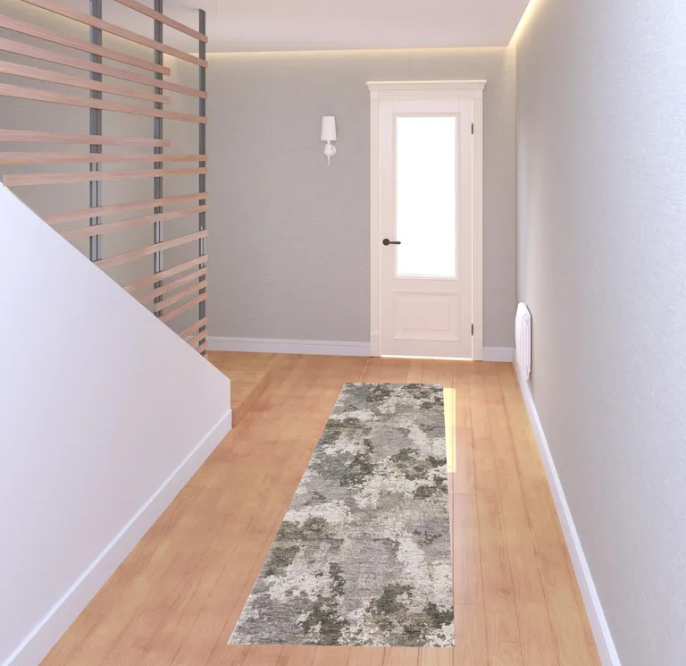 Grey Ivory Beige Tan Brown And Black Abstract Power Loom Stain Resistant Runner Rug Photo 2