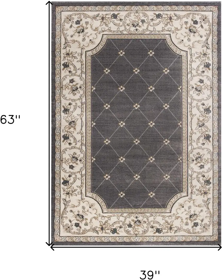 3'X5' Grey Ivory Bordered Floral Indoor Area Rug Photo 8