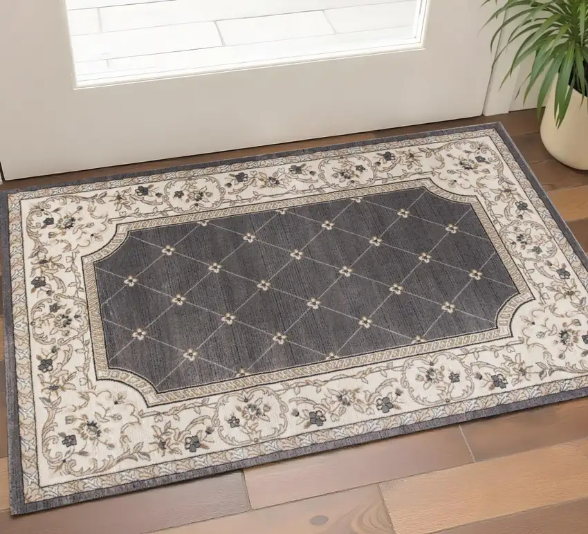 Gray And Ivory Floral Area Rug Photo 1