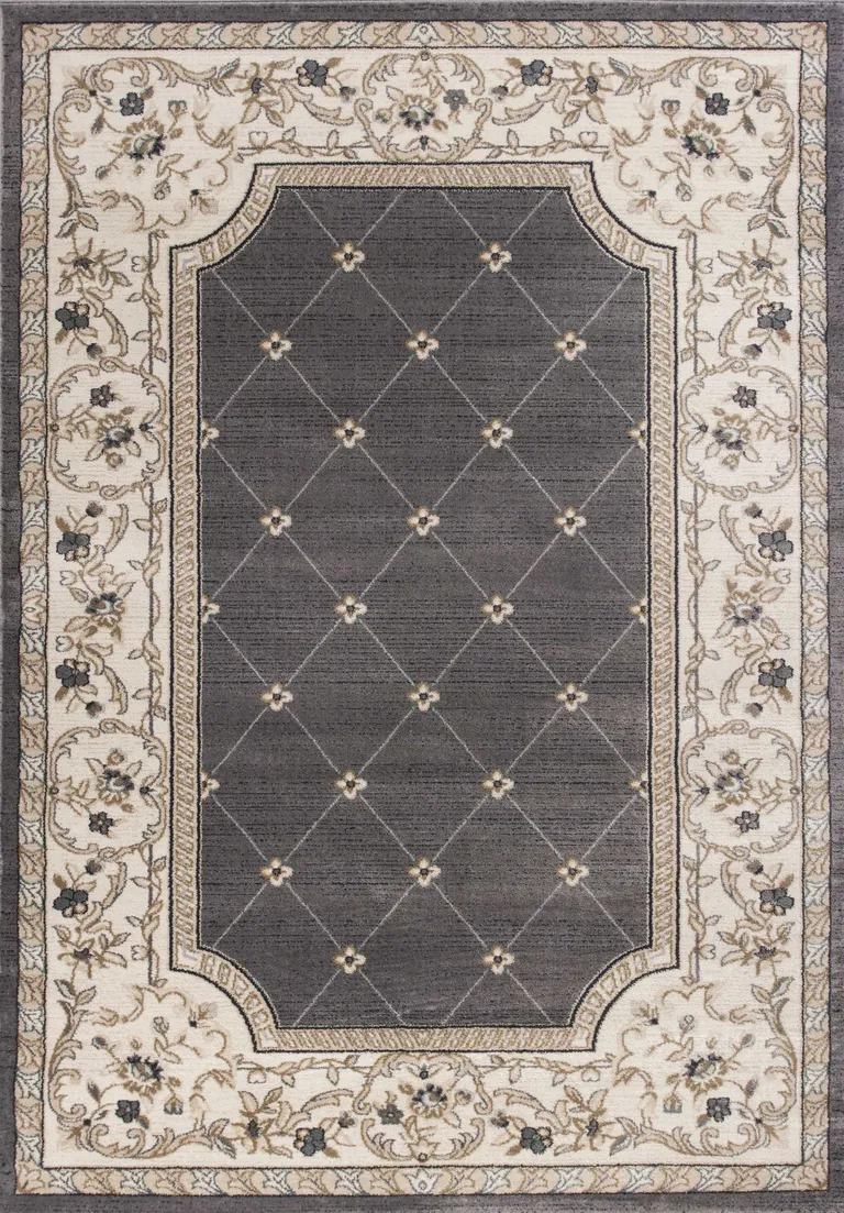 Grey Ivory Bordered Floral Indoor Area Rug Photo 2