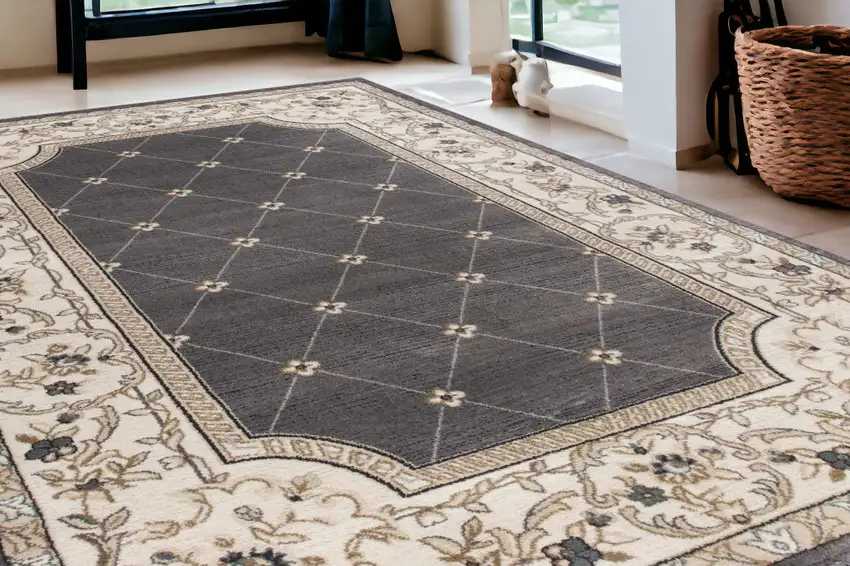 5'X8' Grey Ivory Bordered Floral Indoor Area Rug Photo 1