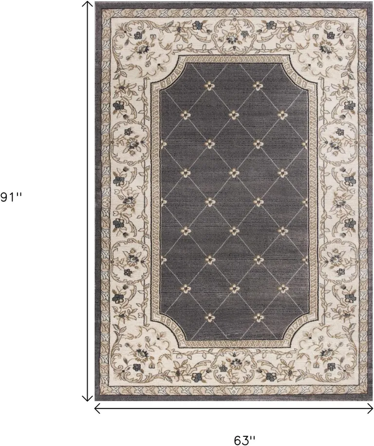 Grey Ivory Bordered Floral Indoor Area Rug Photo 3