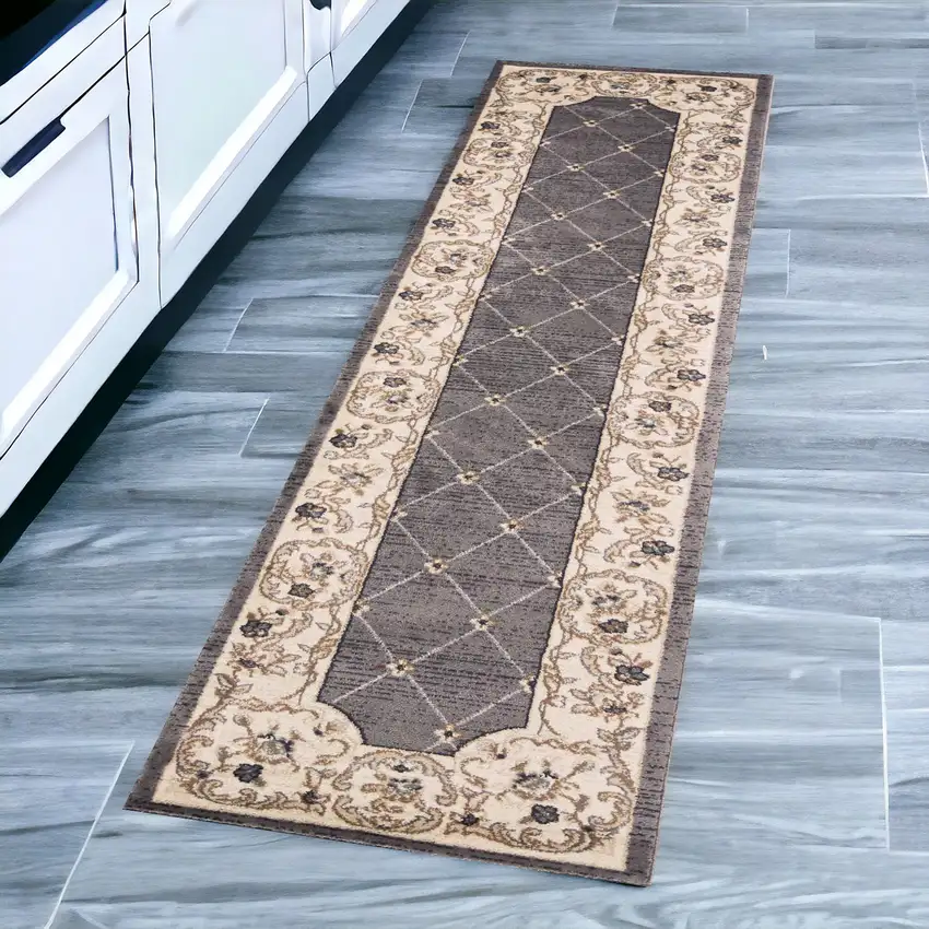 8' Grey Ivory Bordered Floral Indoor Runner Rug Photo 1