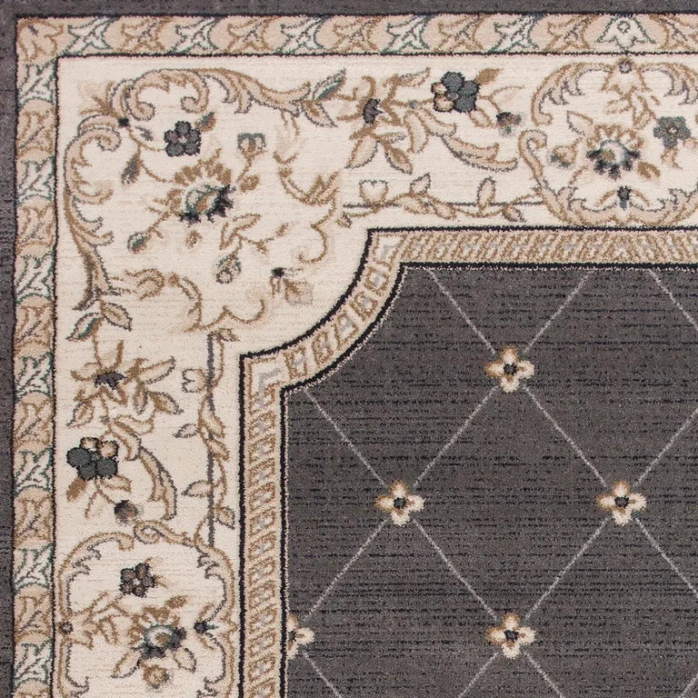 Grey Ivory Bordered Floral Indoor Runner Rug Photo 2
