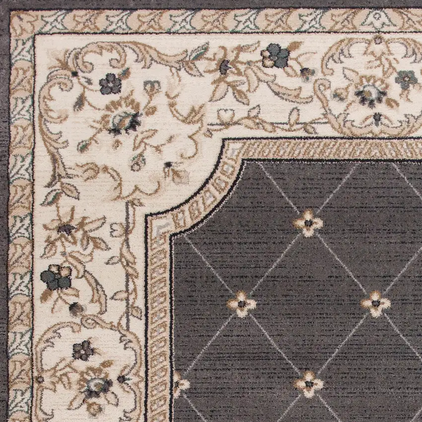 Grey Ivory Bordered Floral Indoor Runner Rug Photo 2