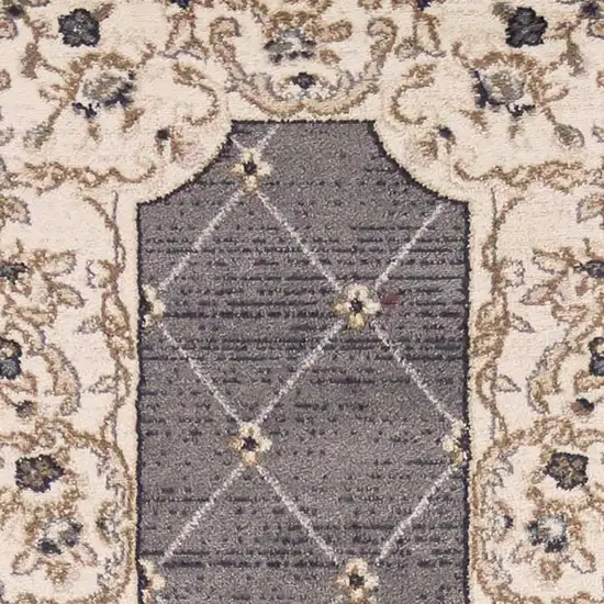 8' Grey Ivory Bordered Floral Indoor Runner Rug Photo 5