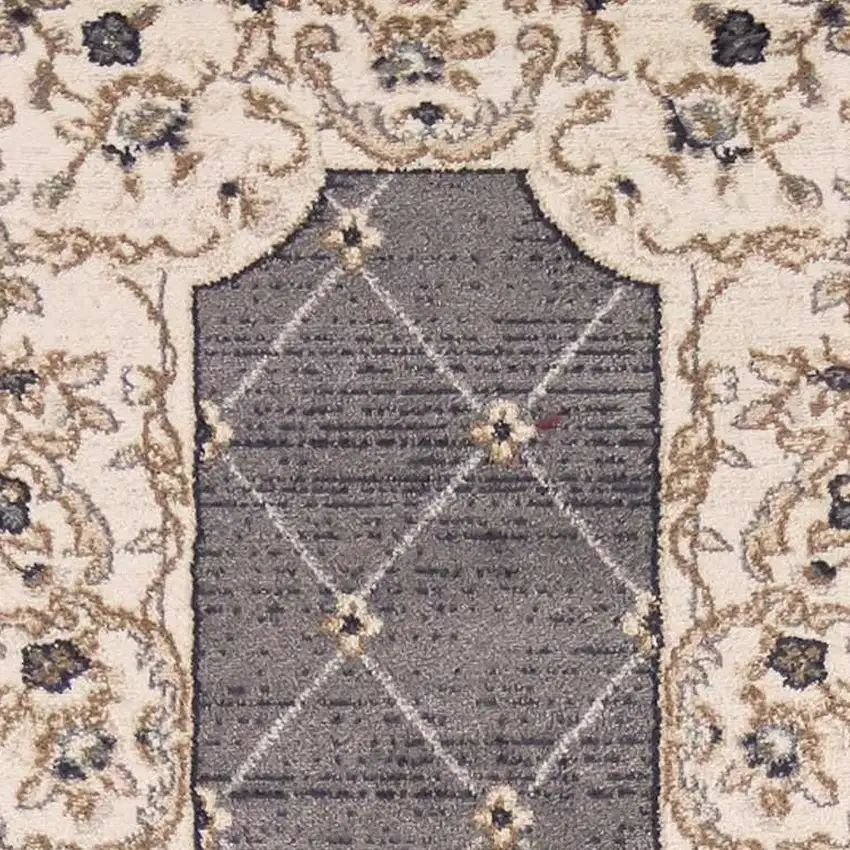 8' Grey Ivory Bordered Floral Indoor Runner Rug Photo 5