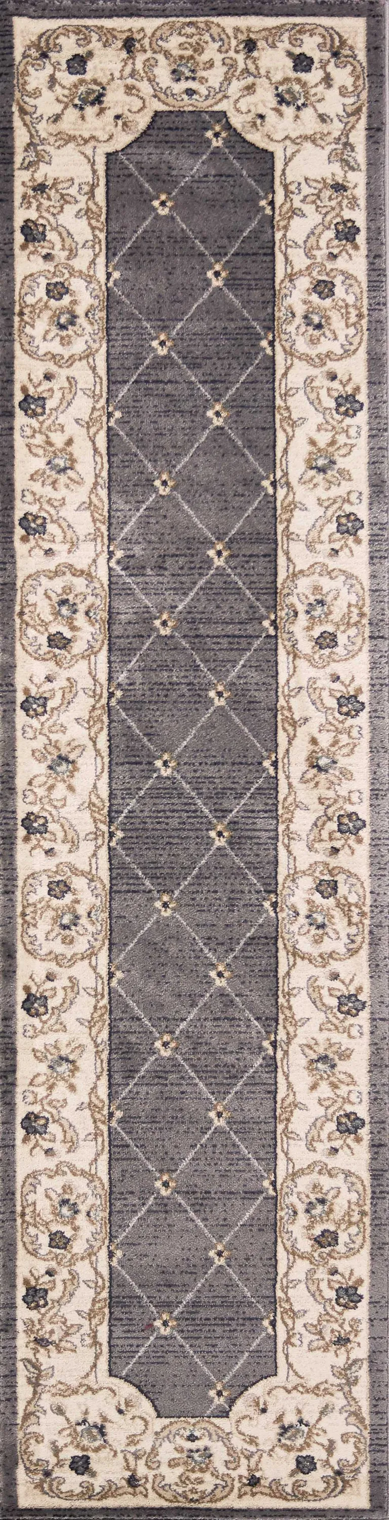 Grey Ivory Bordered Floral Indoor Runner Rug Photo 1