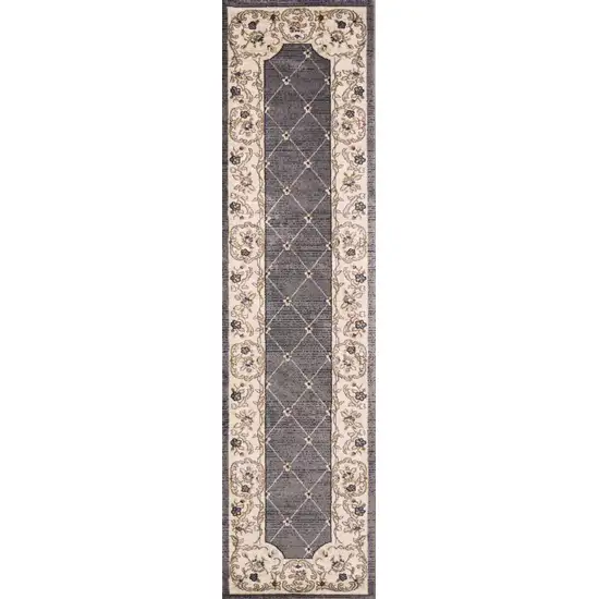 Grey Ivory Bordered Floral Indoor Runner Rug Photo 1