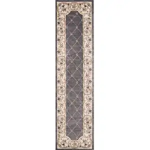 Photo of Grey Ivory Bordered Floral Indoor Runner Rug