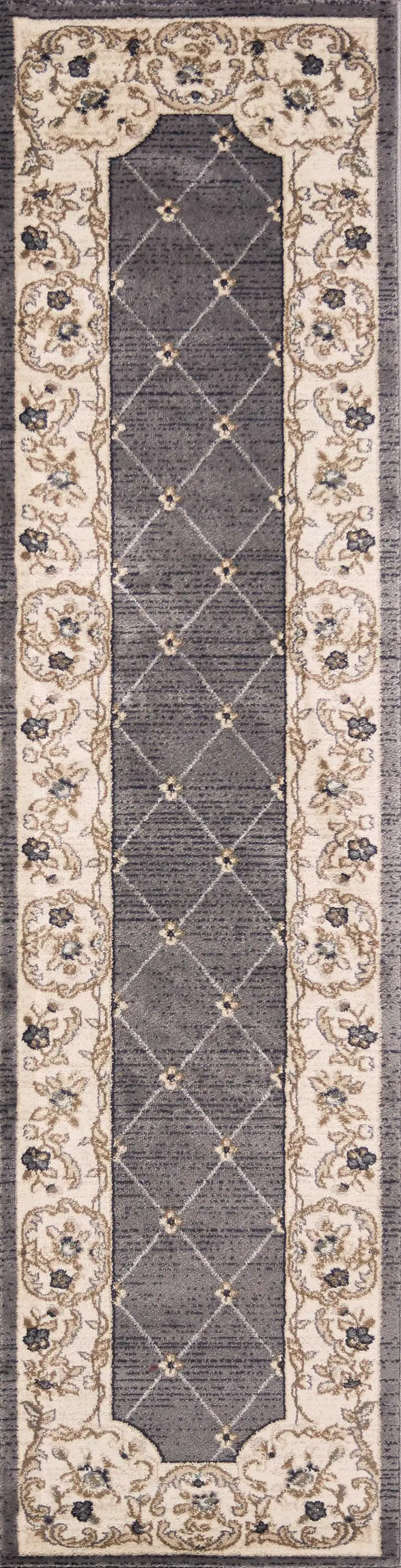Grey Ivory Bordered Floral Indoor Runner Rug Photo 1