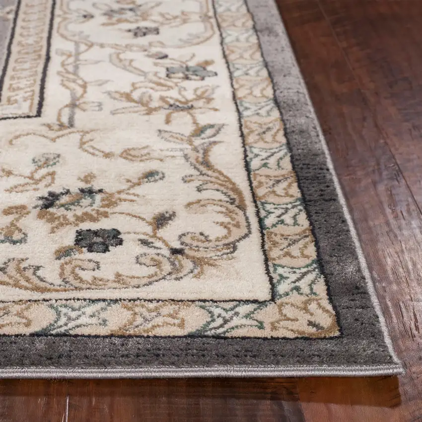 Grey Ivory Bordered Floral Indoor Runner Rug Photo 3