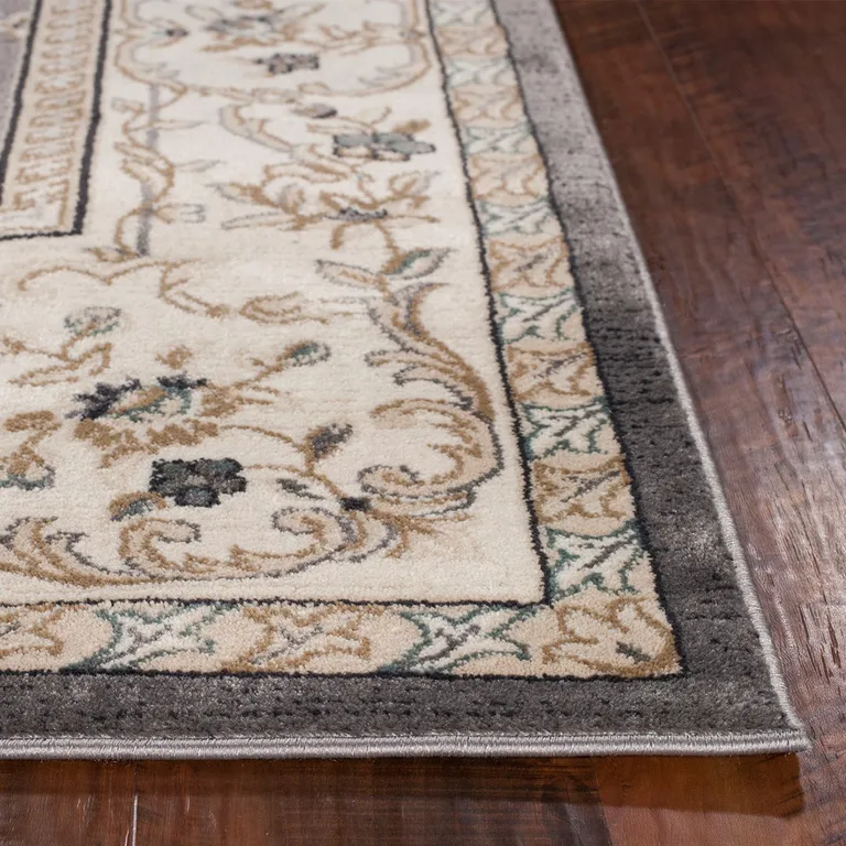 Grey Ivory Bordered Floral Indoor Runner Rug Photo 3