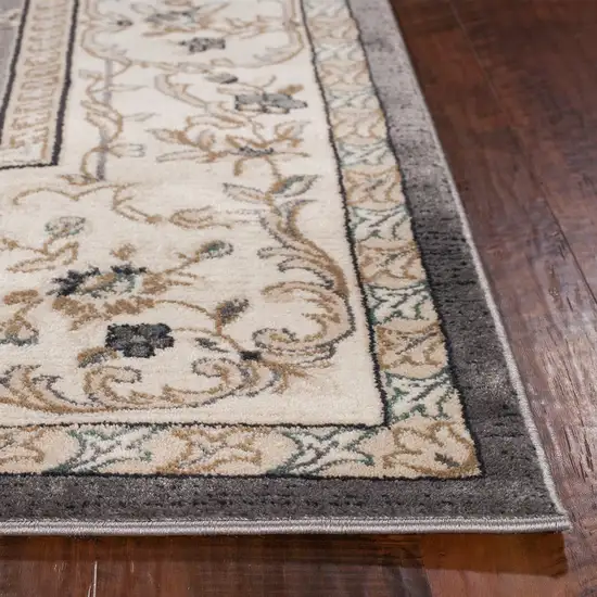 Grey Ivory Bordered Floral Indoor Runner Rug Photo 3
