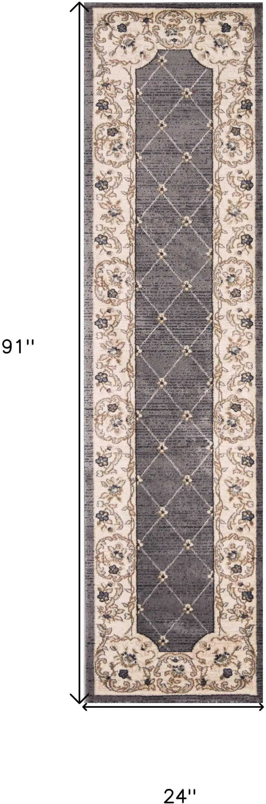 8' Grey Ivory Bordered Floral Indoor Runner Rug Photo 7