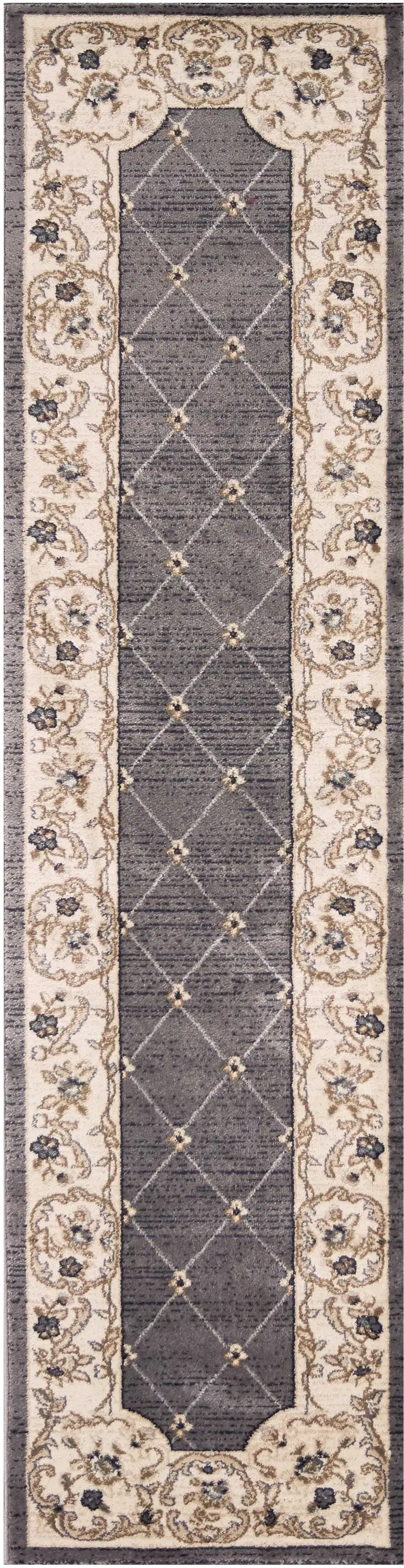 8' Grey Ivory Bordered Floral Indoor Runner Rug Photo 1