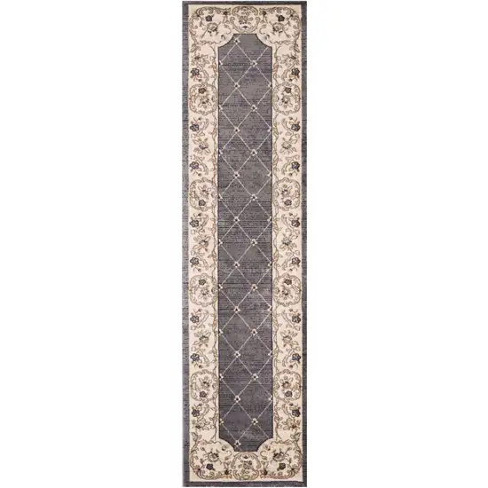 8' Grey Ivory Bordered Floral Indoor Runner Rug Photo 1