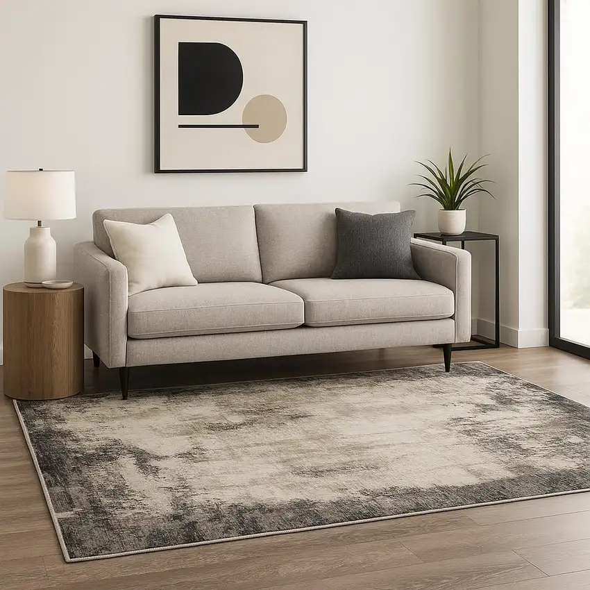 Grey Ivory Charcoal Tan Black And Beige Abstract Power Loom Stain Resistant Area Rug Photo 1