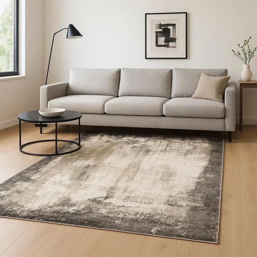 6' X 9' Grey Ivory Charcoal Tan Black And Beige Abstract Power Loom Stain Resistant Area Rug Photo 1